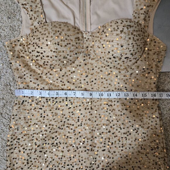XL (12ish) Shein Gold Stretch Sequin-Tinsel Cap-Strap Gown with Molded Bust - Picture 7 of 9